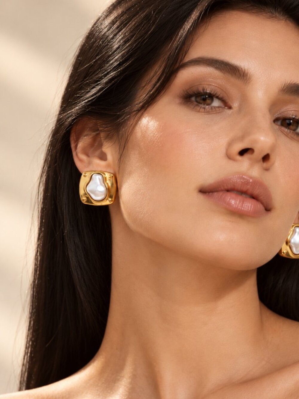 Gold Tone Pearl Statement Earrings Stainless Steel Square Stud Earrings